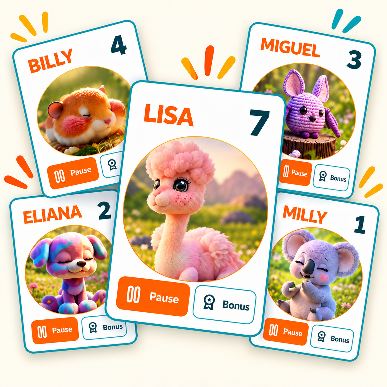 Five overlapping Woob student cards with animal avatars, points, and pause and bonus controls
